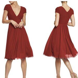 🆕DRESS THE POPULATION Corey Flare Chiffon Dress Burgundy Large (8-10)